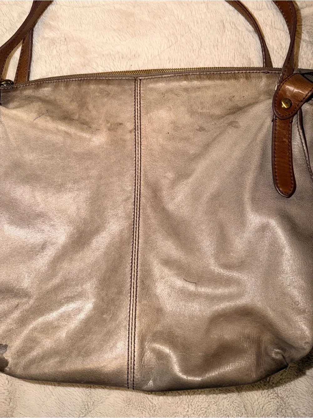 Y2K Vintage HOBO International Gray Slouchy Leather Shoulder Bag Tote Two Tone